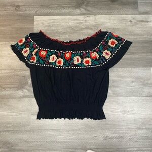 Free People Embroidered Flower Off the Shoulder Elastic Top Large